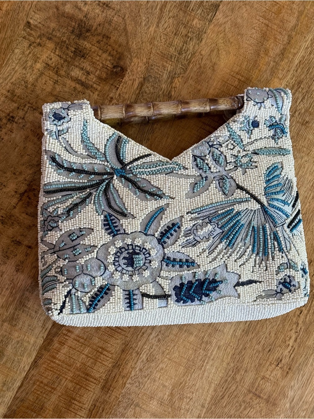 Boho Beaded Bamboo Handle Clutch | Vintage Floral Embroidered Handbag Blue White